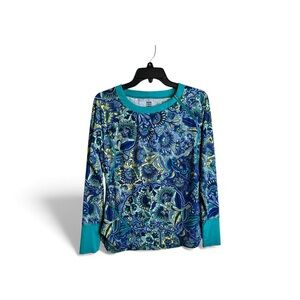 Title Nine Womens Medium Long Sleeve Active Shirt Blue Floral Activewear 4648